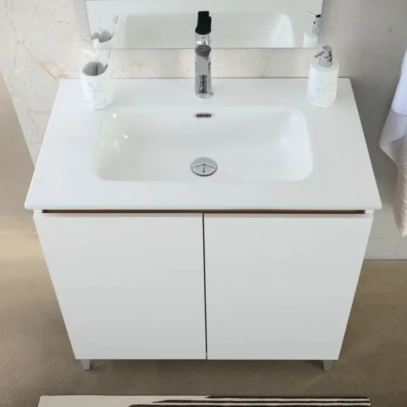 Mobile bagno a terra 80 cm bianco e rovere con 2 ante soft-close Kleo