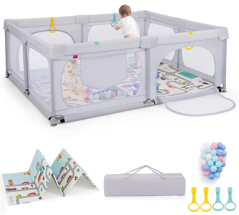 Costway Box per bambini con materassino 4 anelli e 50 palline colorate, Recinto per bambini grande 189x158cm 2 Colori