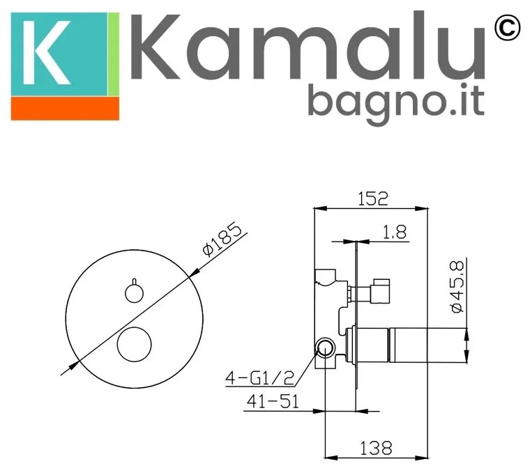 Kamalu - Miscelatore doccia con deviatore finitura cromo con dettaglio in marmo nero | MARMO-NERO