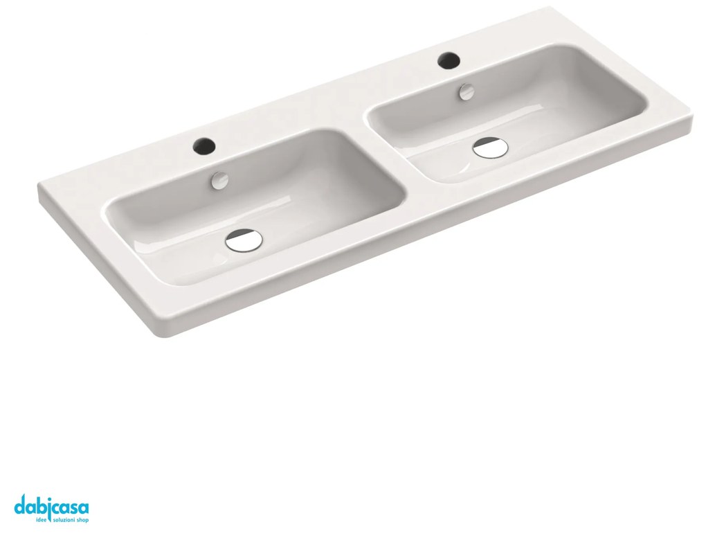 Lavabo Doppia Vasca "Optima L" C/Doppio Foro Rubinetteria Da 125x50 Cm In Ceramica Finitura Bianco Lucido