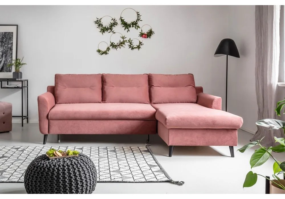 Divano letto angolare in velluto rosa, angolo destro Stylish Stan - Miuform