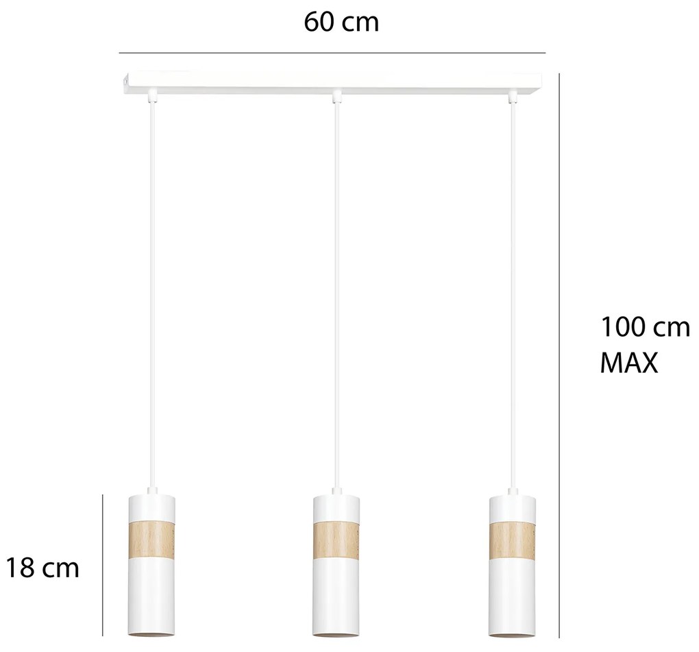 Lampadario 3 Luci Change In Acciaio Bianco A Cilindro Con Legno Naturale