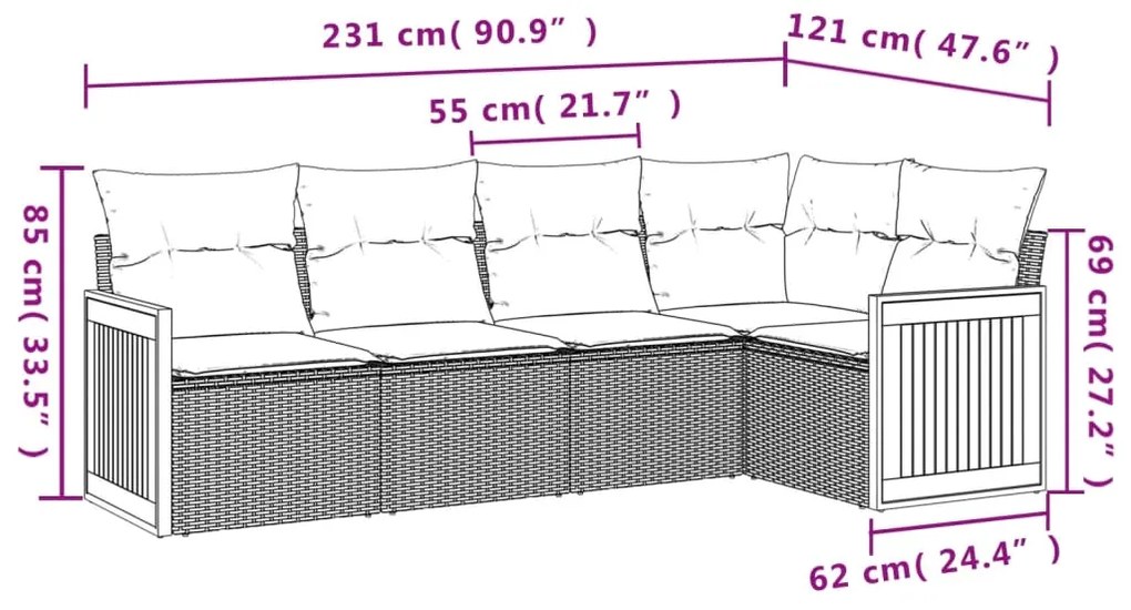 Set Divano da Giardino 5 pz con Cuscini Beige in Polyrattan