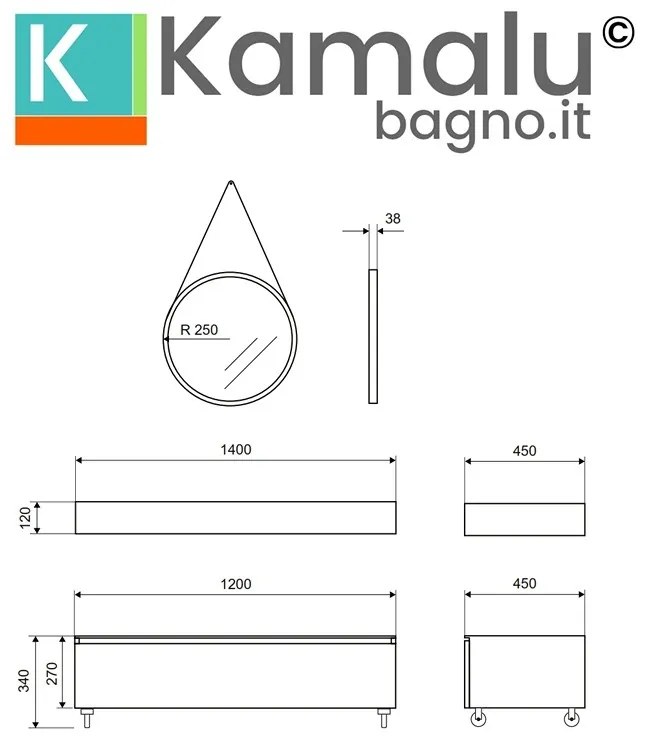 Kamalu - composizione bagno 120 cm con mobile a terra e mensolone grigio pietra | kam-kk1203g