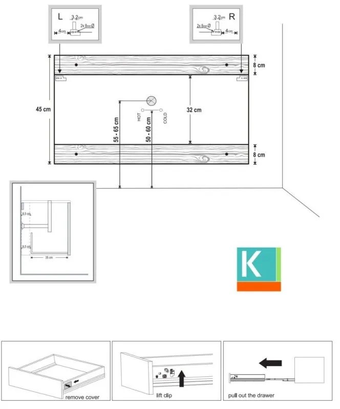 Kamalu - composizione bagno sospesa 80cm mobile colonna e specchio led