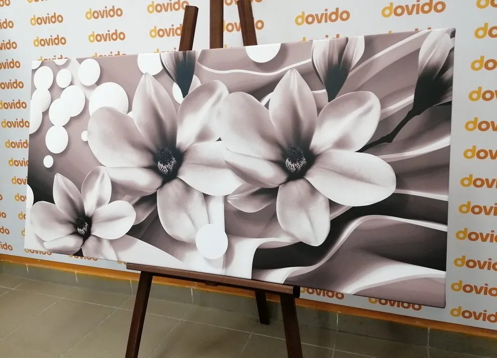 Quadro su tela – Magnolia in bianco e nero su sfondo astratto