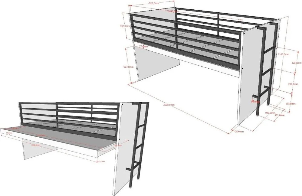 Letto da bambini rialzato bianco con rete inclusa 90x200 cm Sam – Vipack