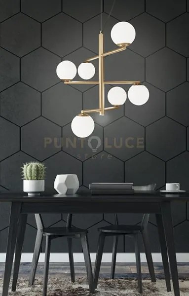 Sospensione gizah bianco e oro 6 luci attacco e14 piu' led integrat...