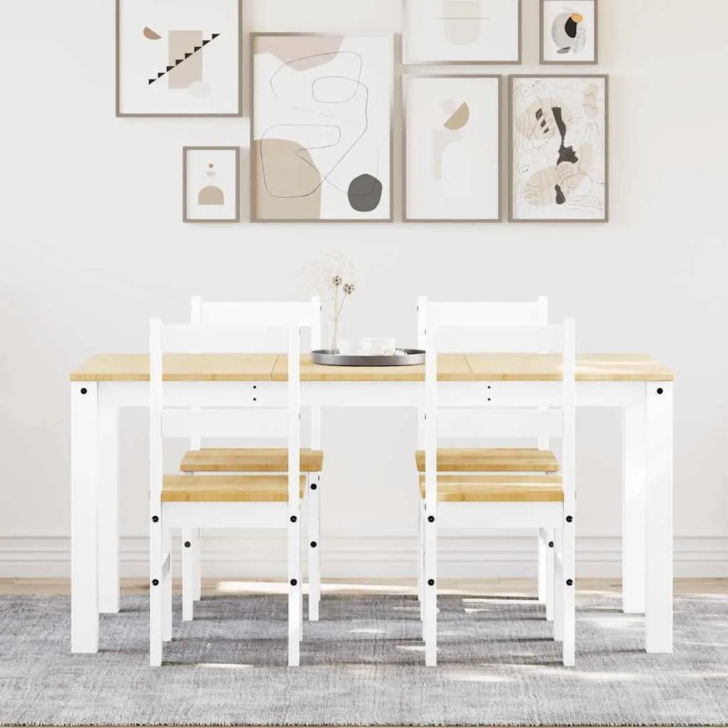 Set Da Pranzo 5 Pz Panama Bianco İn Legno Massello Di Pino /