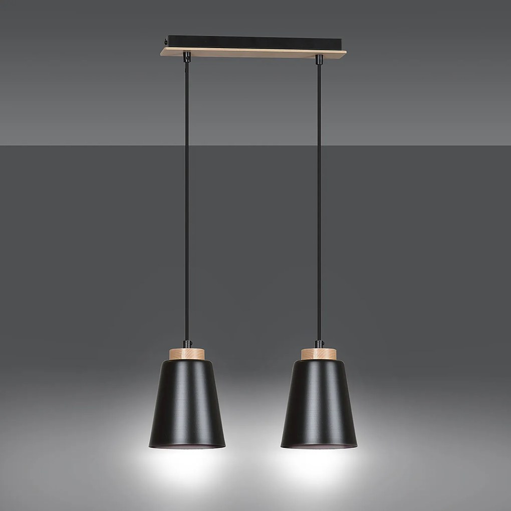 Lampadario 2 Luci Lancillotto Con Paralumi A Cono In Acciaio Nero E Legno Naturale