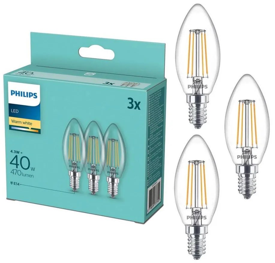 PACK 3x Lampadine LED Philips B35 E14/4.3W/230V 2,700K