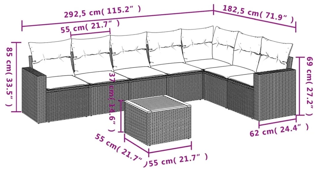 Set divani da giardino con cuscini 8 pz nero in polyrattan