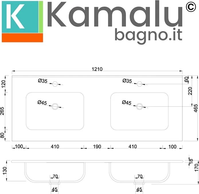 Lavabo incasso 121 cm a doppia vasca | Litos-K7012D - KAMALU