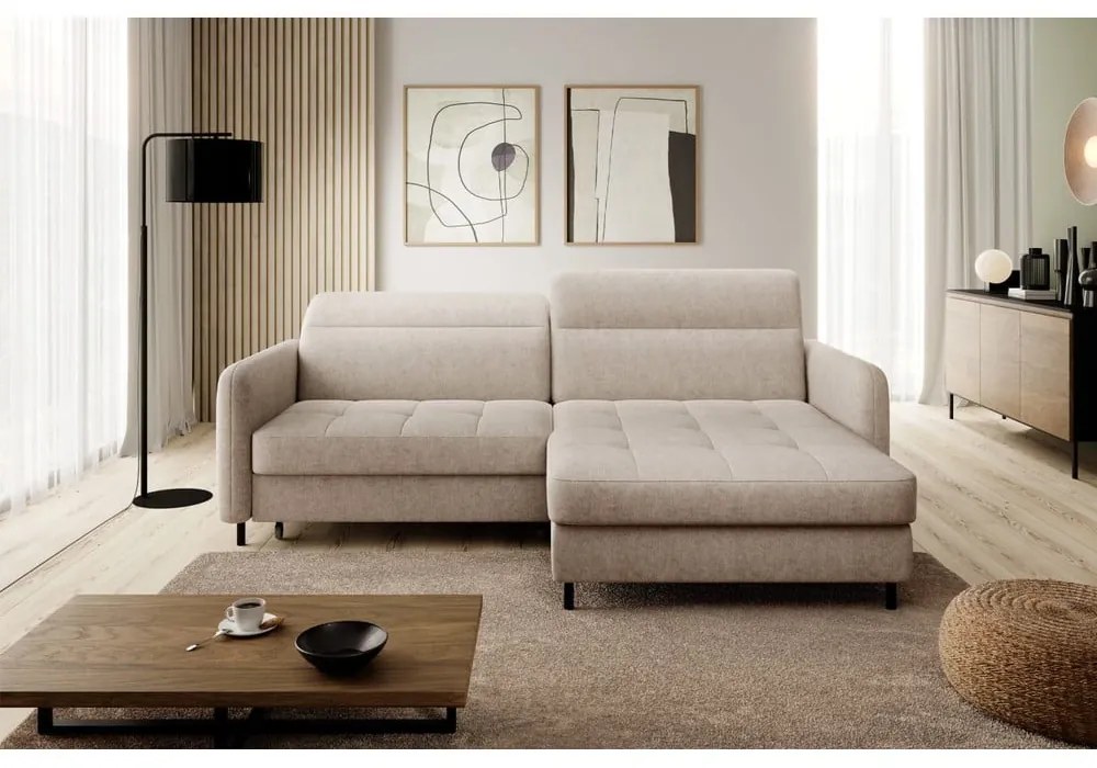 Divano angolare beige allungabile/con contenitore (con penisola a destra/con chaise lounge) e rivestimento in ciniglia Gomsi – ELTAP