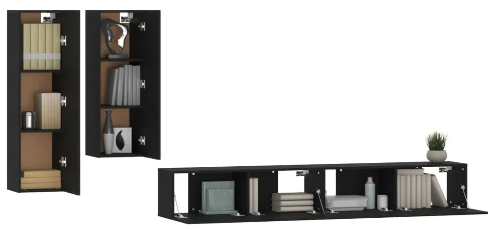 Set mobili porta tv 4 pz nero in legno multistrato