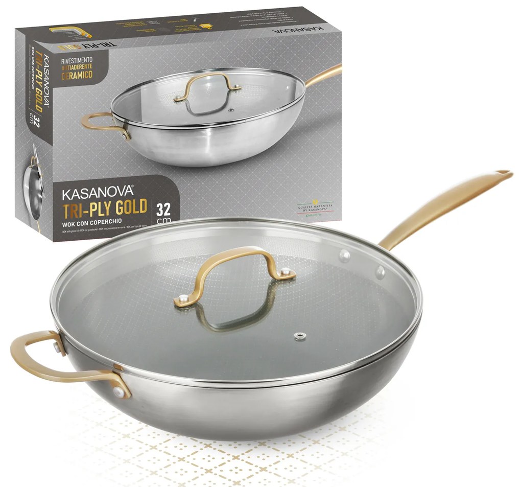 Wok 32 cm triplo strato Tri Ply - Gold con coperchio