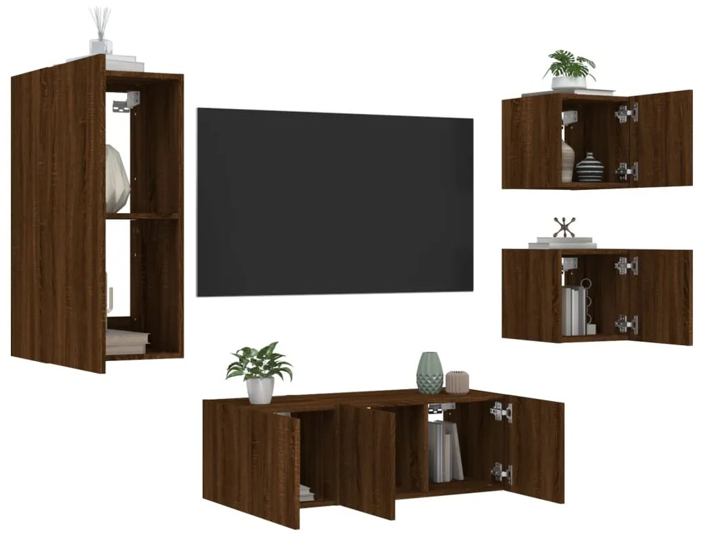 Mobili Tv A Muro Con Led 5pz Rovere Marrone Legno Multistrato /