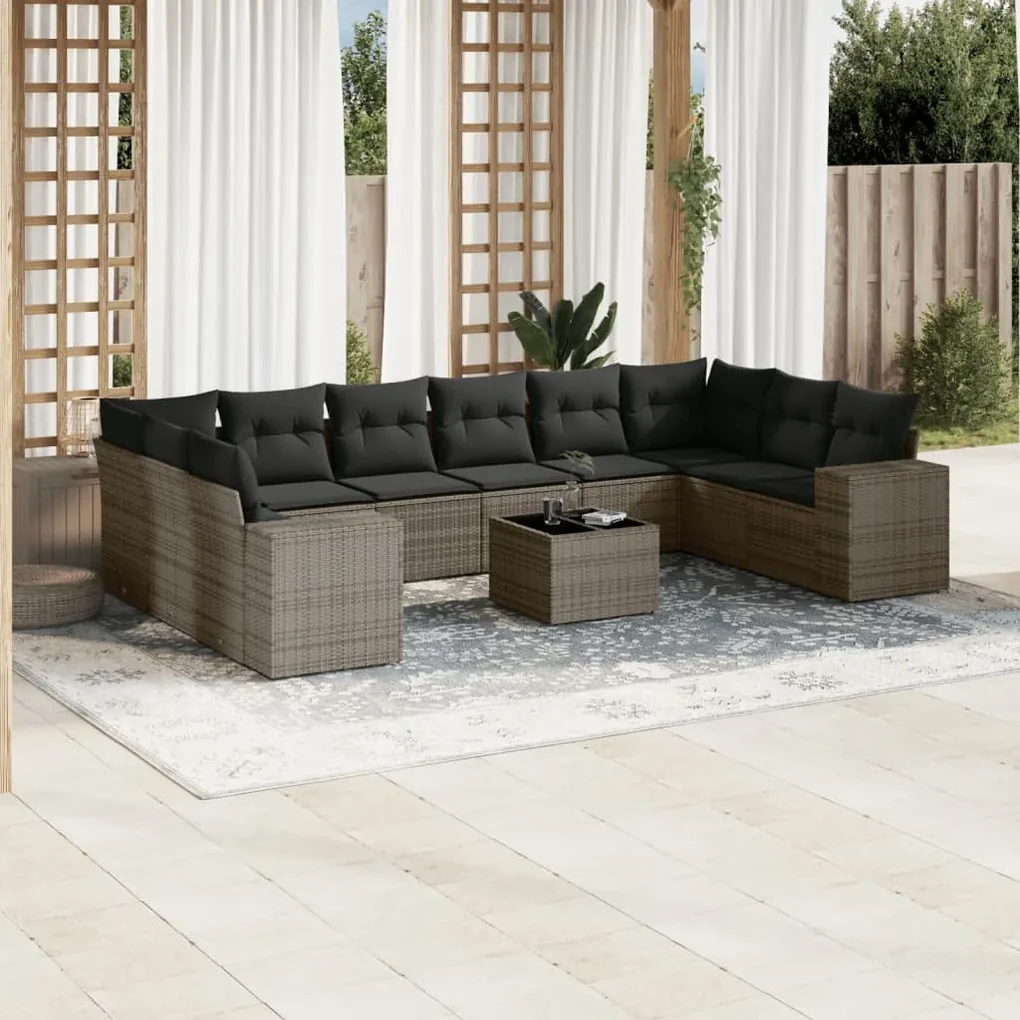 Set divani da giardino 11 pz con cuscini in polyrattan grigio