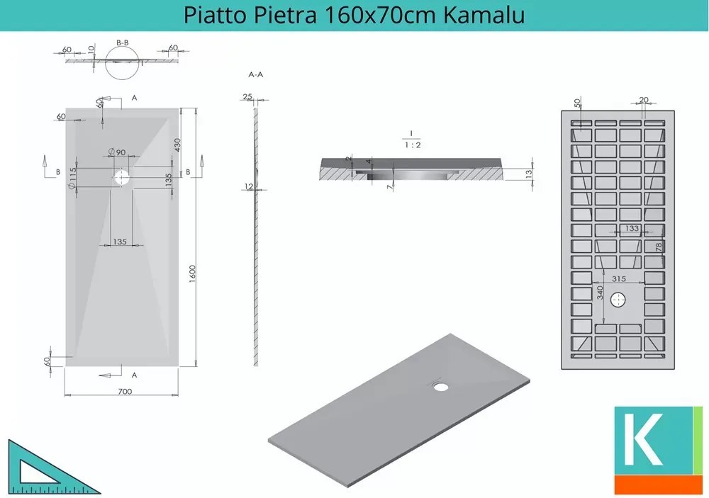 Piatto doccia 160x70 in pietra colore antracite scuro - KAMALU