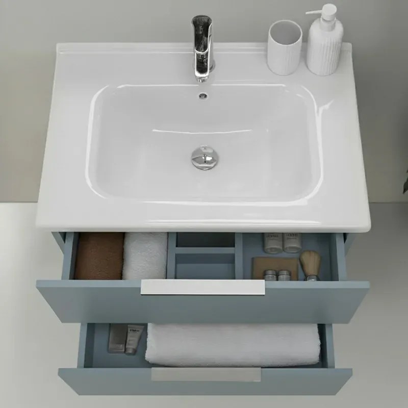 Mobile bagno sospeso 80cm azzurro polvere con cassetti lavabo e specchio Elva