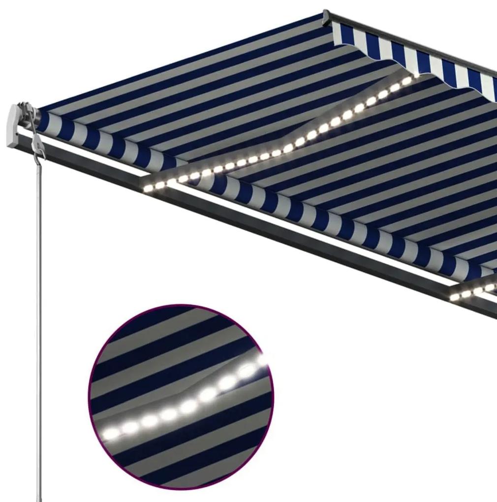 Tenda da Sole Retrattile Manuale con LED 4x3 m Blu e Bianca