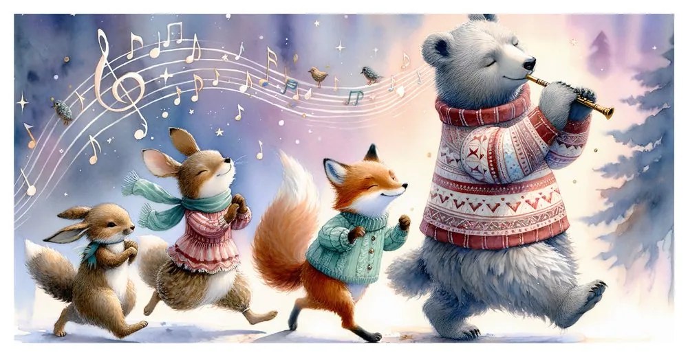 Quadro su tela – Parata invernale di animali con melodia