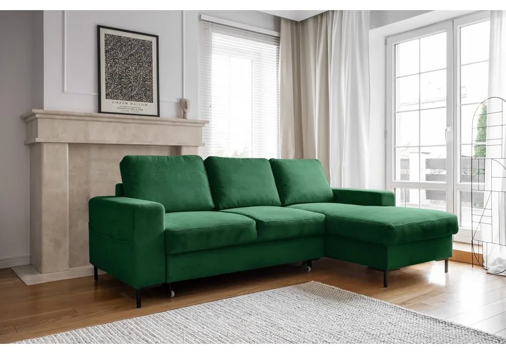 Divano letto angolare in velluto a coste verde scuro (angolo destro) Lofty Lilly - Miuform