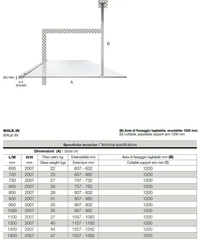 Parete Walk In Alluminio Spazzolato H200 Anticalcare 6mm Trasparente