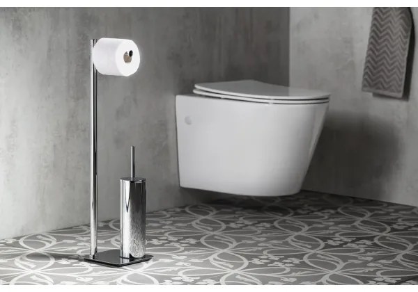 Gedy - Scopino WC da terra con portarotolo FLORI cromo lucido