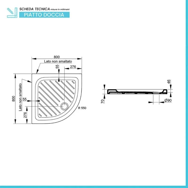Piatto doccia 80x80 semicircolare in ceramica bianco Dolomite Gemma