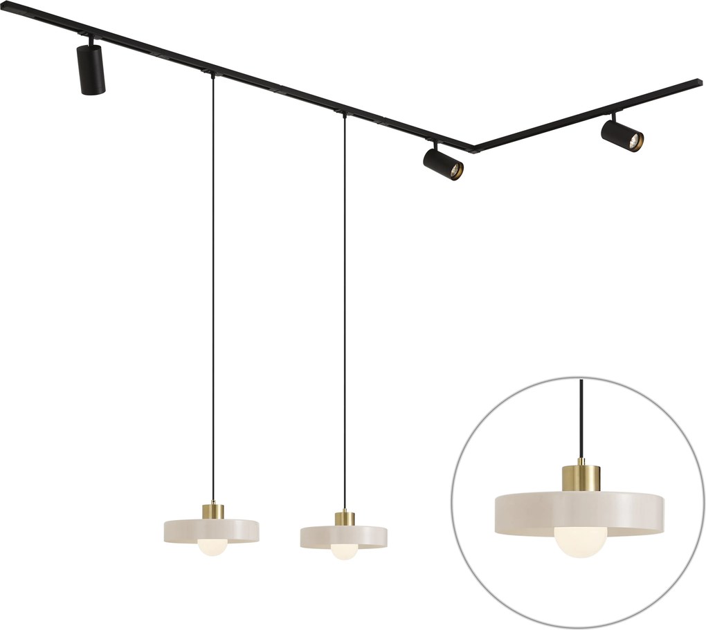 Sistema a binario moderno nero con 2 lampade a sospensione bianche e 3 faretti monofase - Iconic Jeana Luxe Jina