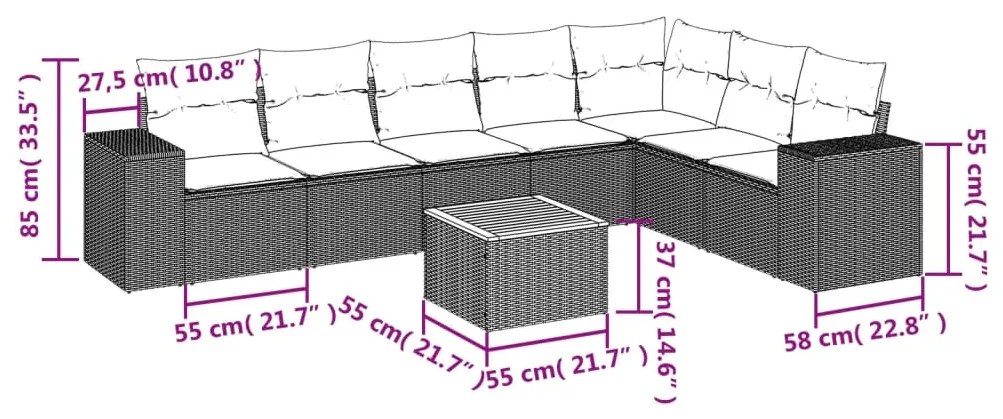 Set divano da giardino 8 pz con cuscini beige in polyrattan