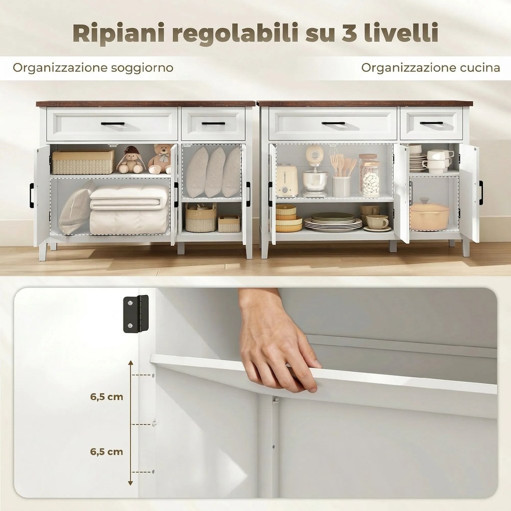Credenza da Cucina 110x35x80,5 cm con 3 Ante a Fienili 2 Cassetti e 2 Ripiani Regolabili in Legno Bianco...