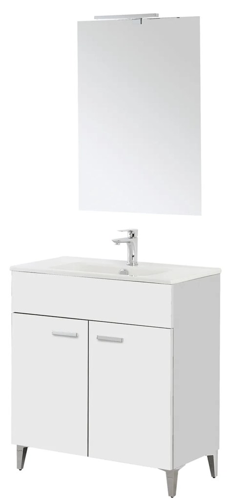 Mobili Bagno a Terra 80 Cm Due Ante Specchio Con Lampada Led 62x78,5 Cm Feridras "Greta" Bianco Lucido