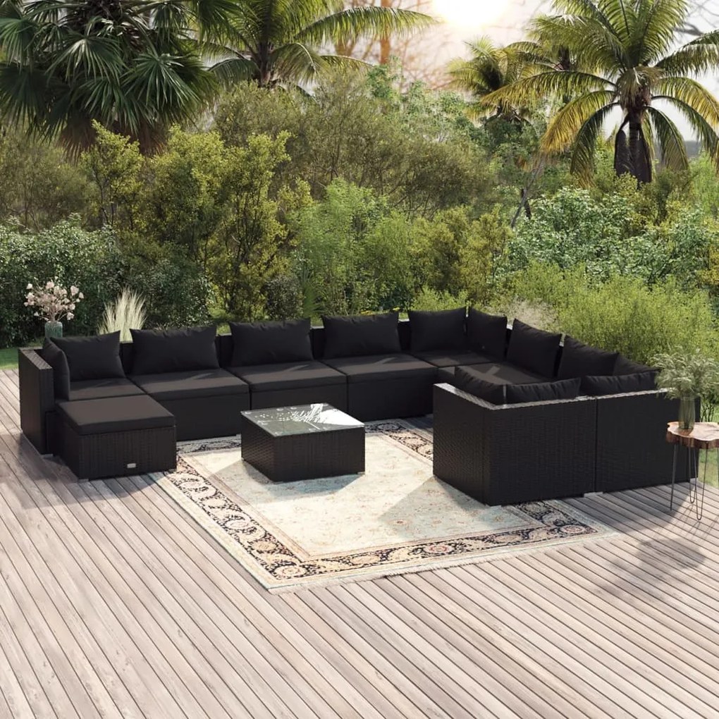 Set Divani da Giardino 11 pz con Cuscini in Polyrattan Nero