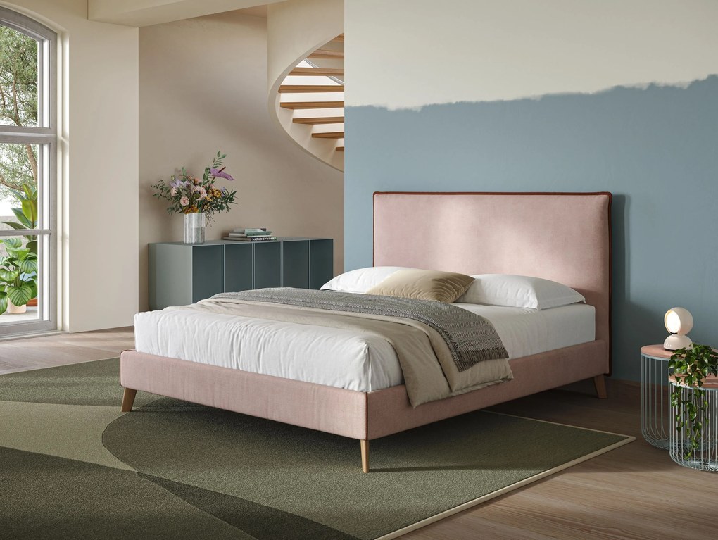 Leila letto imbottito con piedini legno in tessuto smacchiabile T17 rosa - rosso