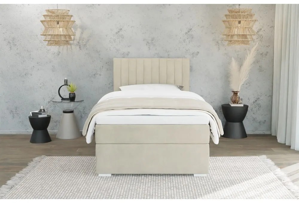 Letto singolo imbottito con contenitore beige con materasso e topper inclusi 90x200 cm Bunny – Ropez