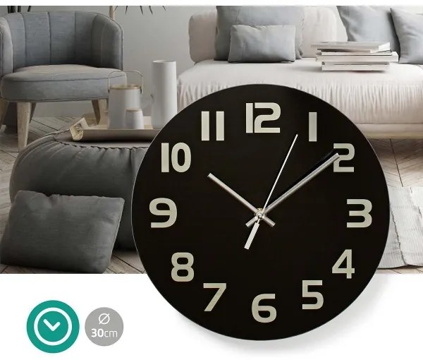 Nedis CLWA006GL30BK - Orologio da parete 1xAA/1,5V vetro 30 cm nero