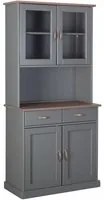 Credenza a 2 ante chiuse 2 vetrine e 2 cassetti, in pino massello verniciato grigio con top e finiture color marrone, 90x45x191 cm