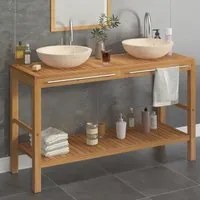 Armadietto da Bagno in Legno di Teak con Lavabi in Marmo Crema 3058169