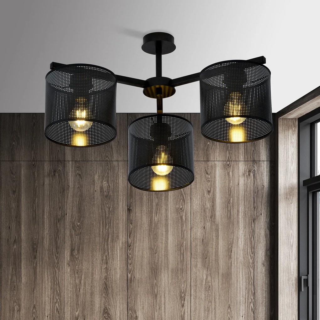 Plafoniera Industrial 3 Luci Cigno In Acciaio Nero E Paralumi A Cilindro