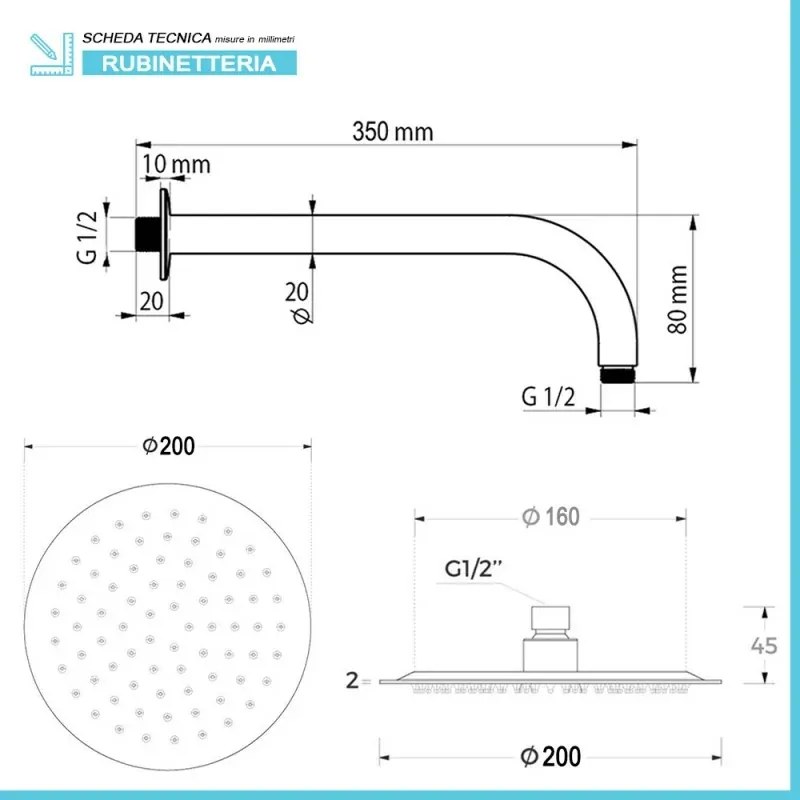 Kit doccia completo con miscelatore York con braccio 35 e soffione 20 inox cromo