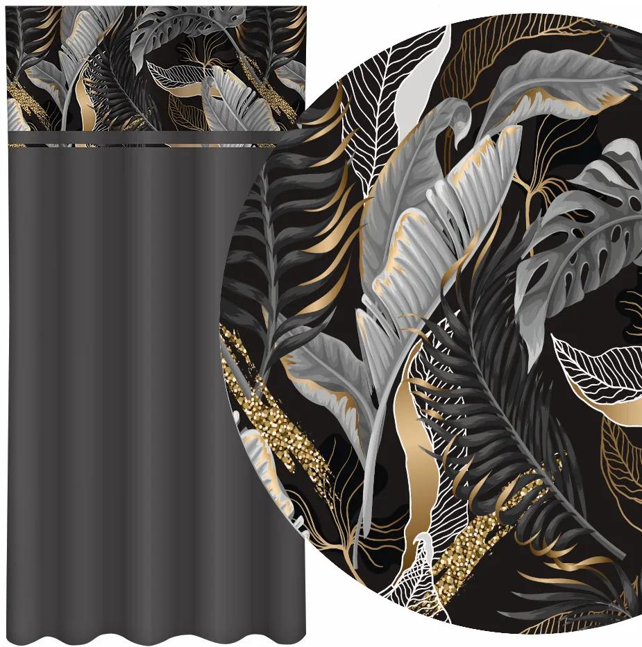 Tenda semplice grigio scuro con stampa di foglie grigie e oro Larghezza: 160 cm | Lunghezza: 270 cm