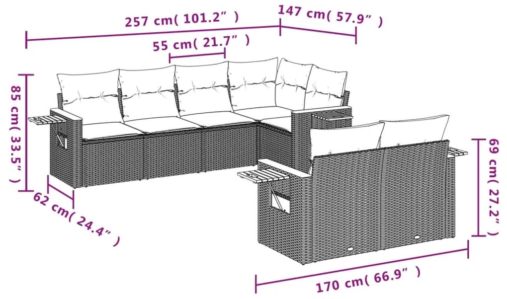 Set Divani da Giardino 7 pz con Cuscini Beige in Polyrattan