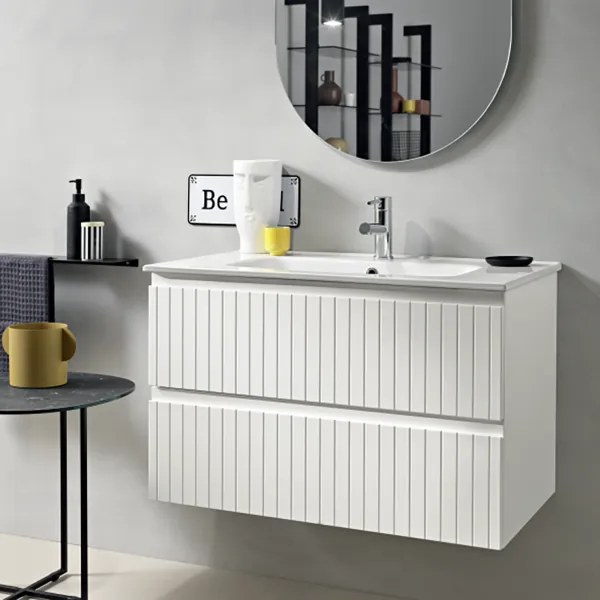 Mobile da bagno sospeso moderno con base 80 ARTICO con 2 cassetti e lavabo BIANCO OPACO
