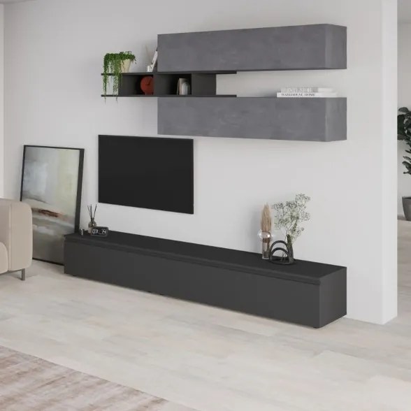 Parete Attrezzata 206 Cm Base TV E Pensili Antracite E Cemento Venus