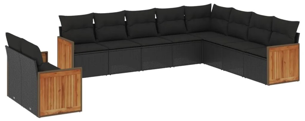 Set divani da giardino 10pz con cuscini in polyrattan nero