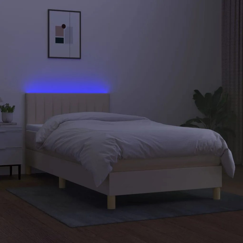 Letto a molle con materasso e led crema 90x200 cm in tessuto