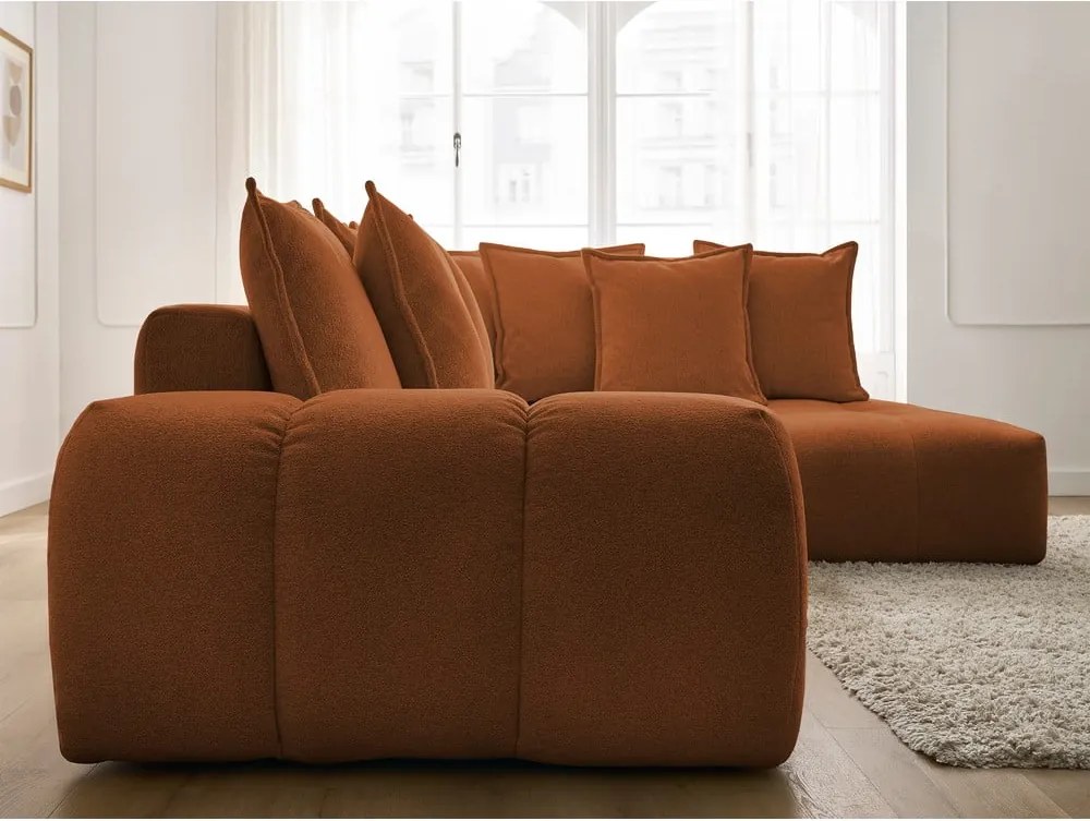 Divano angolare color terracotta allungabile e con contenitore (penisola a destra/a L) con rivestimento in ciniglia Everest – Bobochic Paris