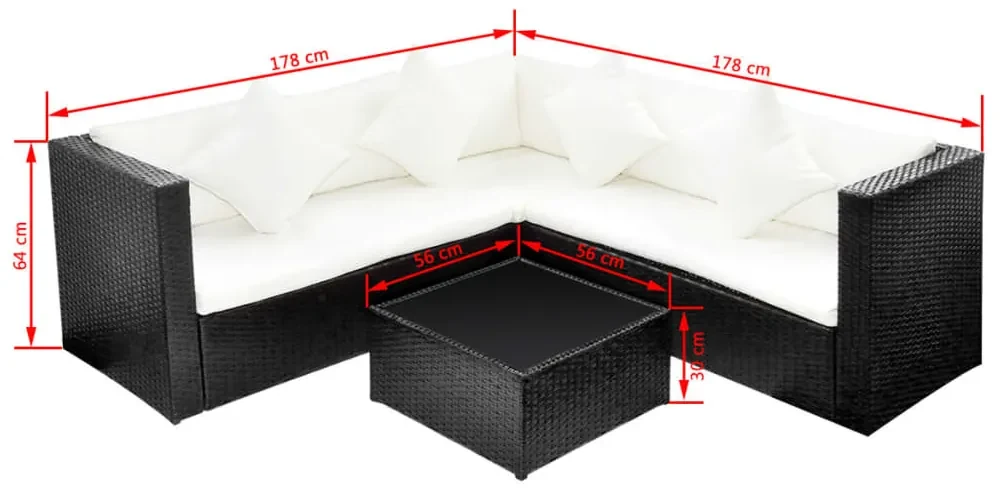 Set divani da giardino 4 pz con cuscini in polyrattan nero